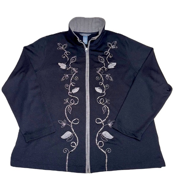 koret petite Sweaters - Koret Petite XL Embroidered Beaded Black Gray Sweater Jacket Full Zip PXL EUC